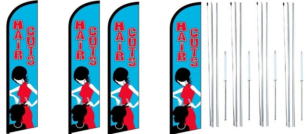 Hair Cuts Windless Flag With Complete Hybrid Pole set- 4 pack