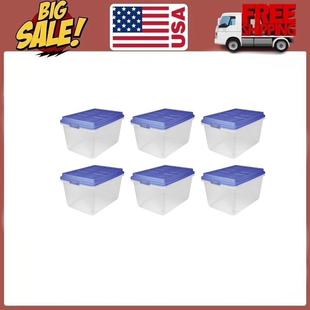 Hefty 72 Qt. Clear Plastic Storage Bin with Blue HI-RISE Lid, 6 Pack
