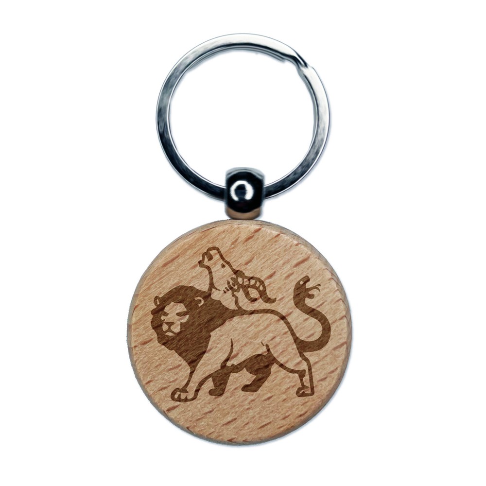 Chimera Greek Mythological Creature Beast Engraved Wood Round Keychain Tag Charm