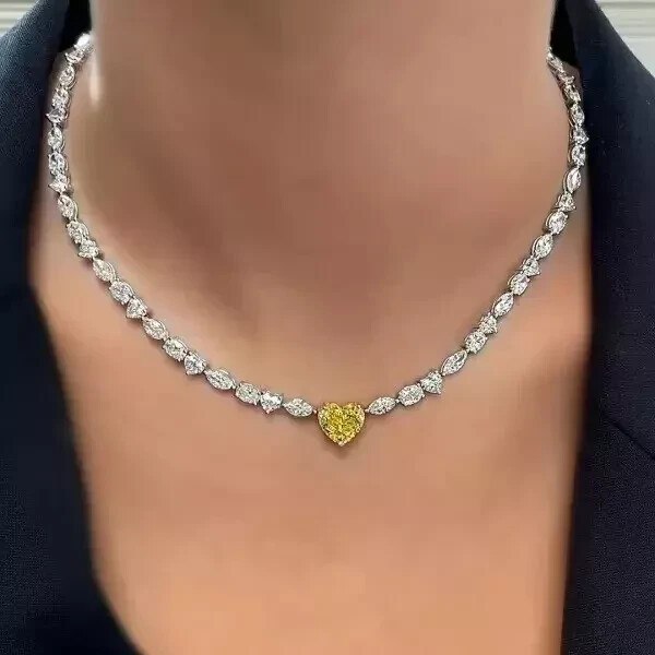 Yellow Citrine & Diamond Tennis Necklace in 925 Silver with Gold Finish