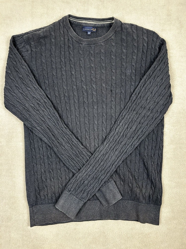 Lincoln Men's Sweater jumper long sleeve round neck Navy Size Medium Cable Knit