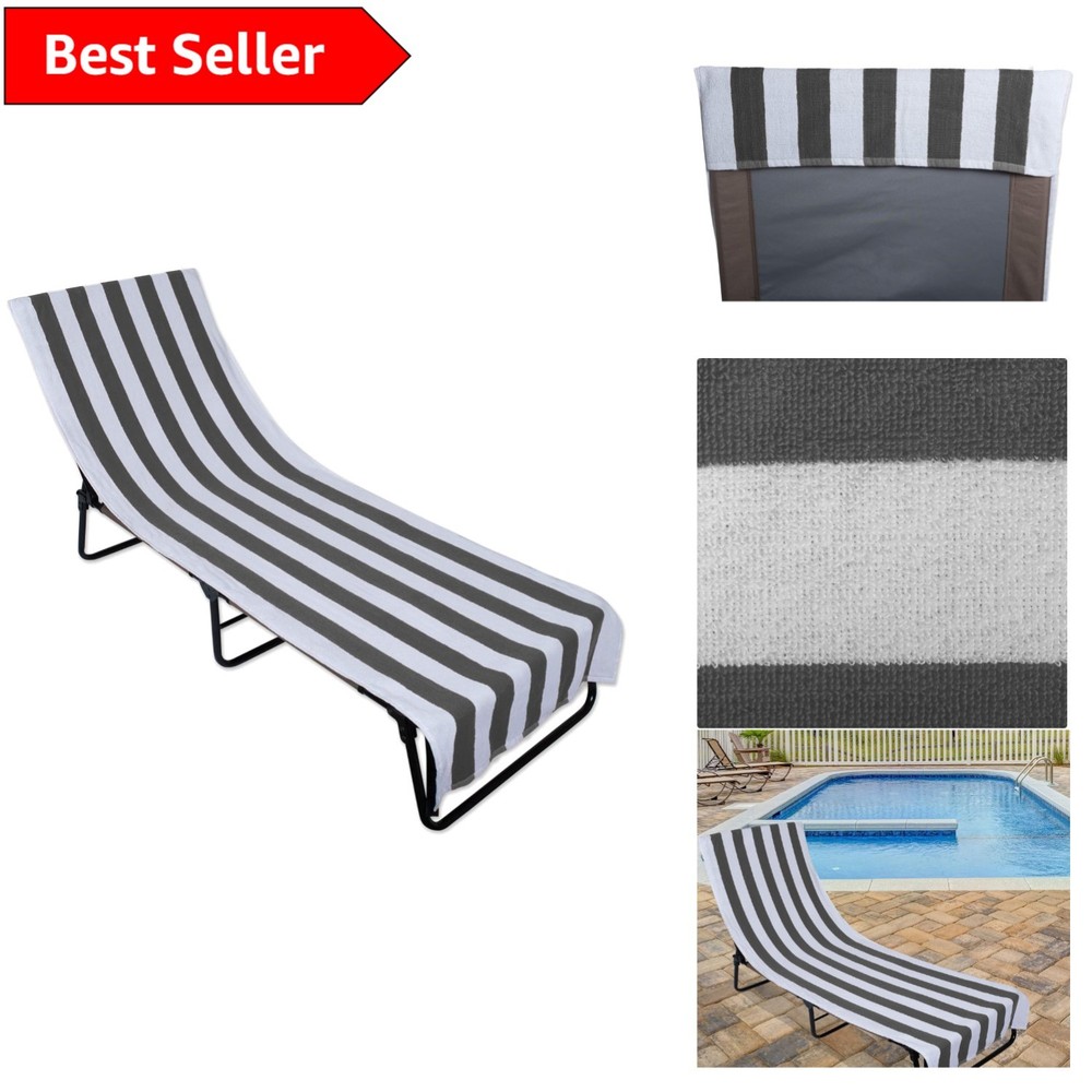 Gray Striped Lounge Chair Towel - Extra-Long 26x82 with Convenient Top Pocket