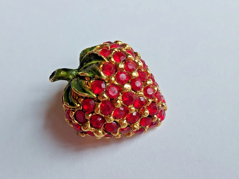 Vintage Rhinestone Strawberry Pin Red Enamel Fruit Brooch