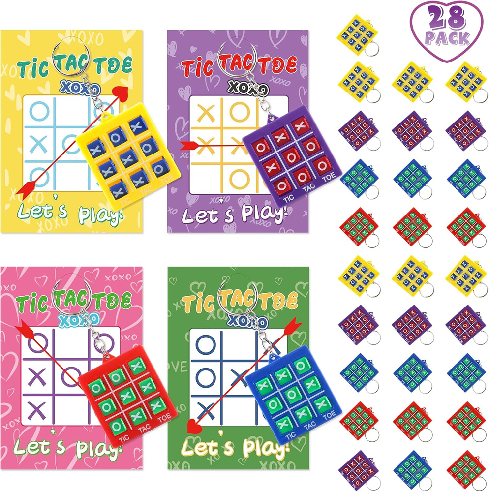 28 Pack Tic-Tac-Toe Keychains, Valentines Day Gifts Cards for Kids Classroom Exc