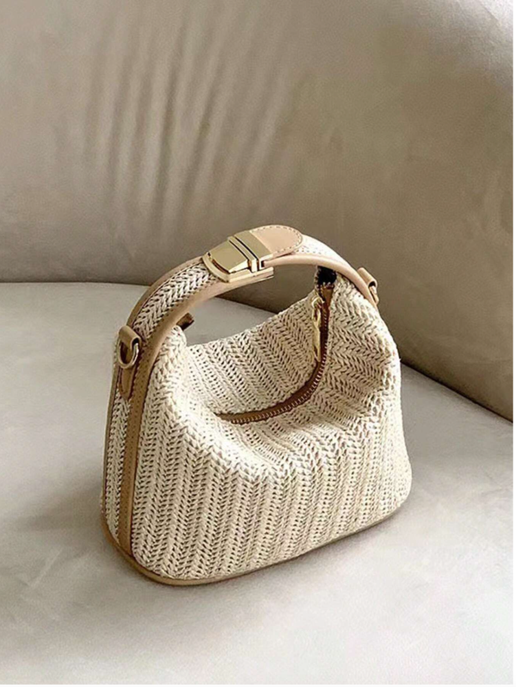 Mini Simple Handbag With Lock Button Summer New Woven Straw Bag Tote Bag