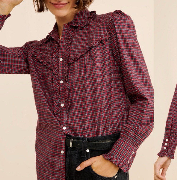 Ralph Lauren Women’s Plaid Ruffle Trim Button Down Shirt Top Size XL