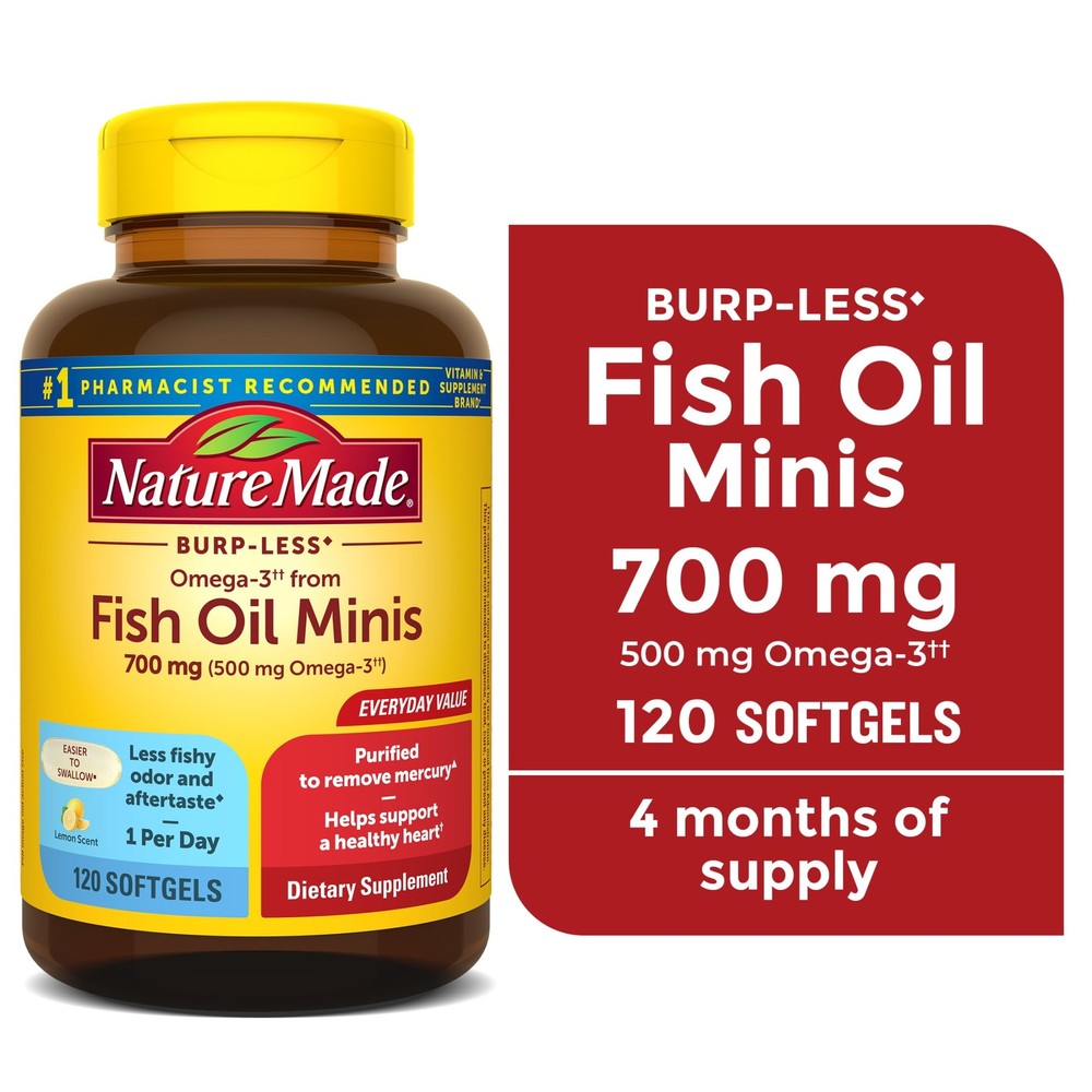 Burp-Free 700mg Fish Oil Mini Softgels 120 Count for Heart Health  