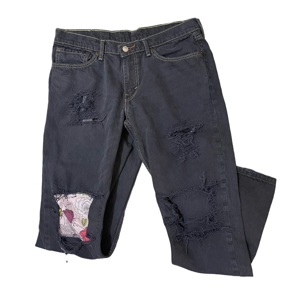 Levi Strauss & Co Womens Upcycled Jeans Dark Navy Patches Distressed