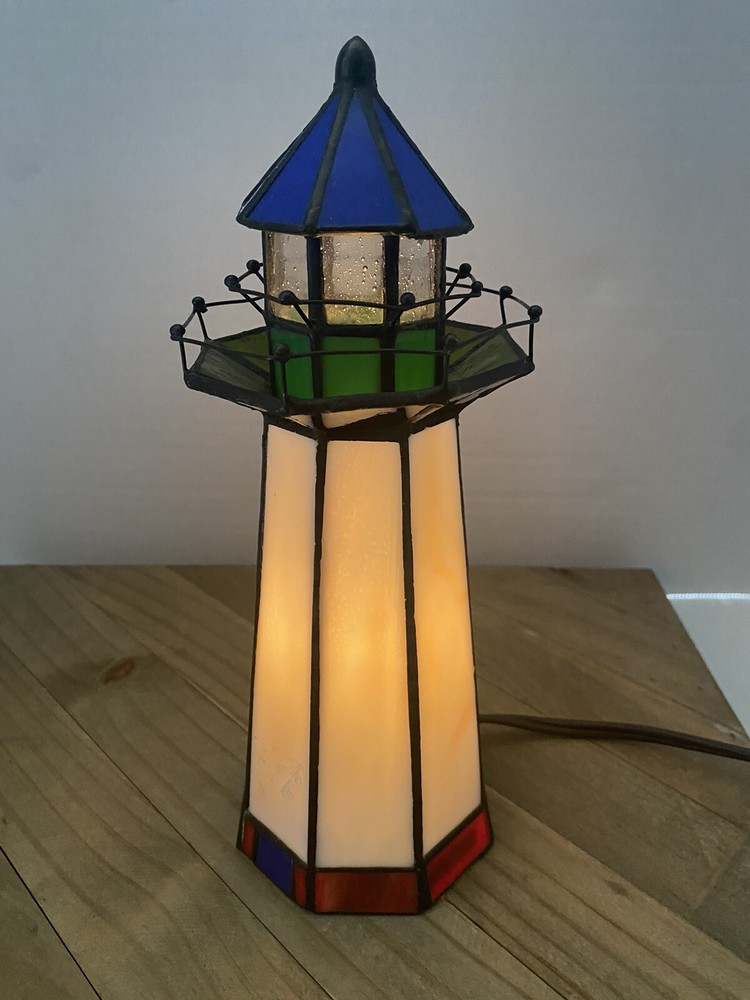 Vtg Lighthouse Tiffany Style Stained Glass Accent Table Top Lamp Nautical