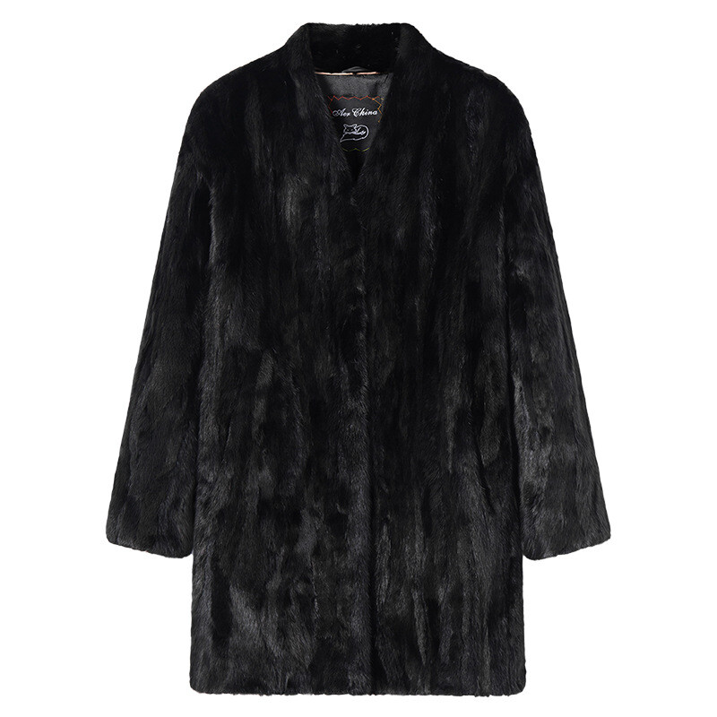 Korean V-Neck Mink Fur Coat for Women – Loose Mid-Long Warm Luxury Jacket