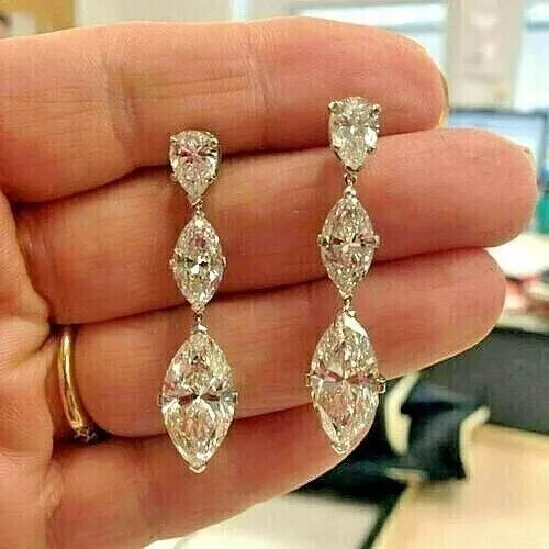 4Ct Marquise Cut Moissanite Drop &Dangle Wedding Earrings 14K White Gold Plated