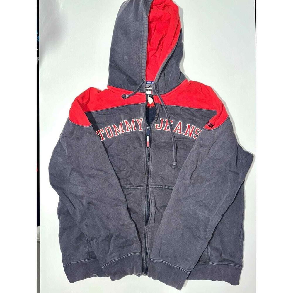 Tommy Hilfiger Men's Medium Blue Red Fleece-Lined Cotton Full Zip Hoodie