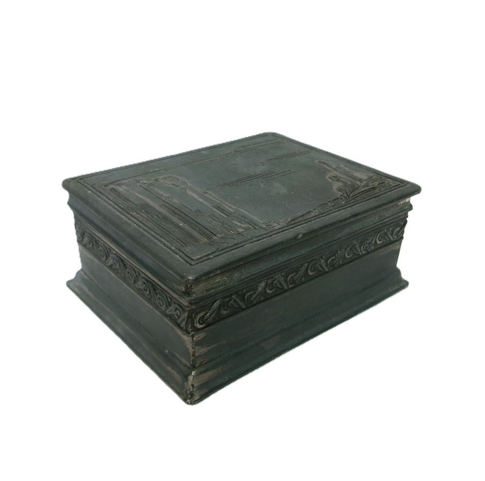 MCM Art Deco Embossed Metal Vintage Trinket Stash Box with Lid - C2