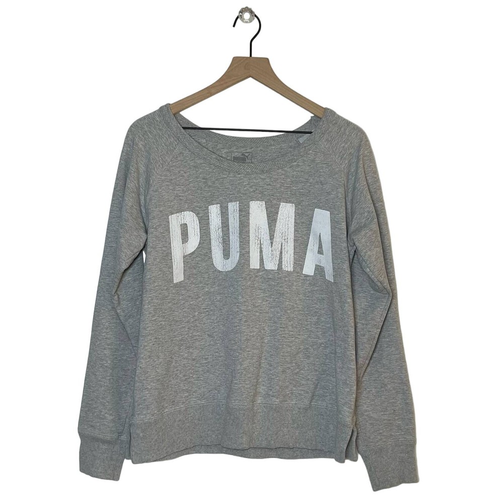 PUMA Sweatshirt Womens Size Large Gray White Spellout Logo Knit Stretch Pullover