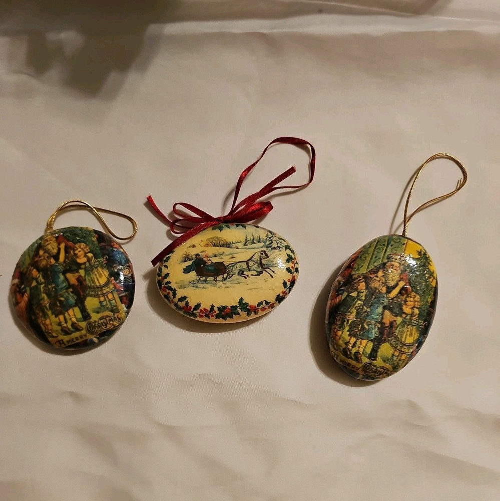 3 Vintage Victorian Decoupage Christmas Olde World Paper Mache Ornaments