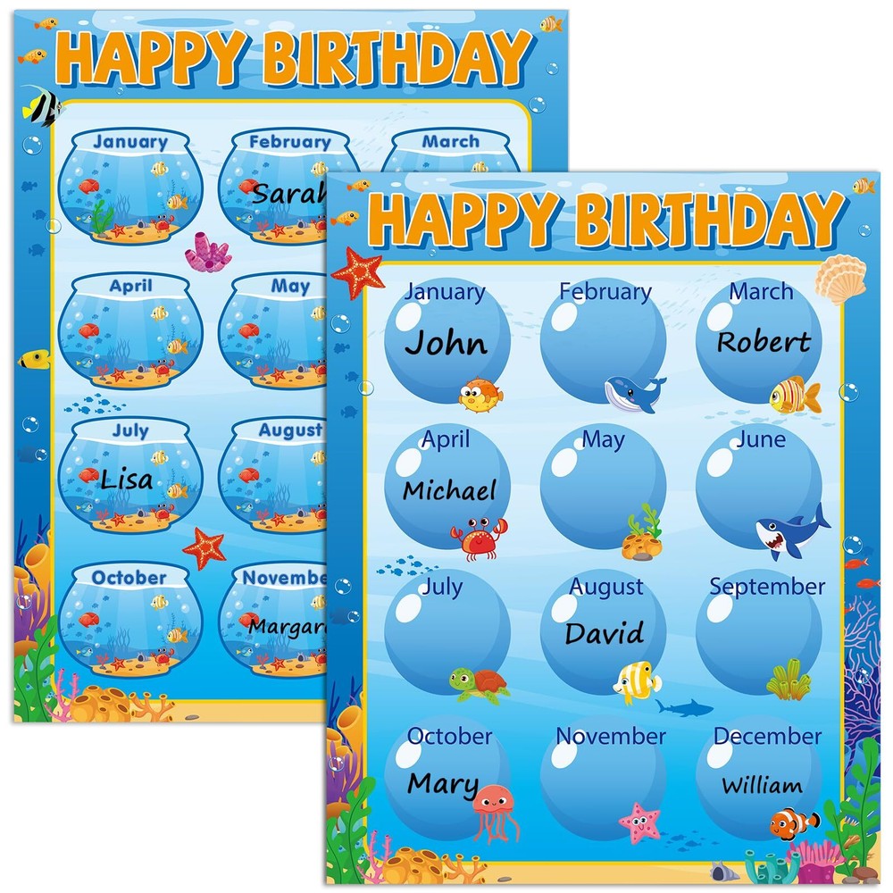 Qyeahkj 17.7 x 13.7 in Happy Birthday Chart Poster Set Under The Sea Calendar...