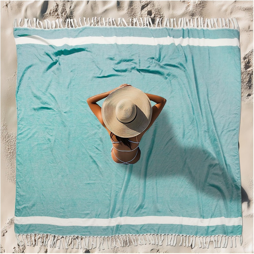 XXL Teal Turkish Sandproof Beach Towel 79x79 Inch Cotton Blanket