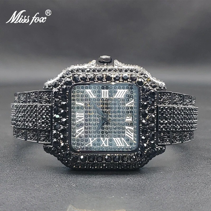 Luxury Hip Hop Iced Out VVS Black Diamond Men's Waterproof Square Watch