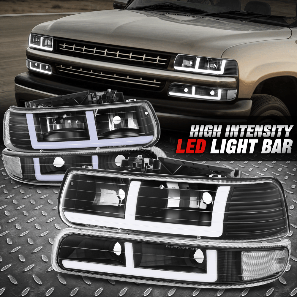 For 99-02 Chevy Silverado 00-06 Suburban Tahoe LED DRL Headlights Black Housing