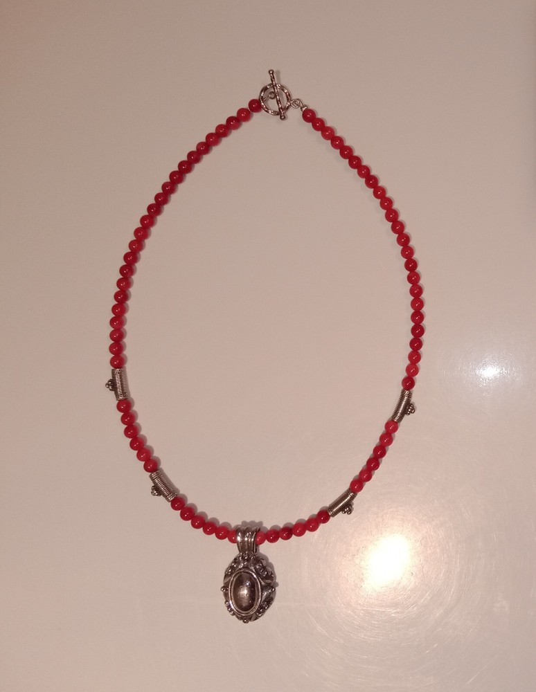 Red Coral Round Bead Necklace /Choker w/ Sterling Silver Beads & Pendant