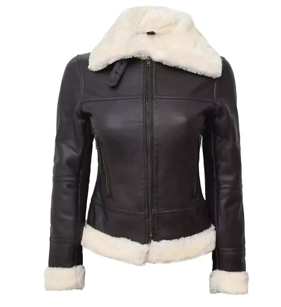 Women's Real Lambskin Leather B3 Bomber RAF Black Jacket Synthetic Fur Collar