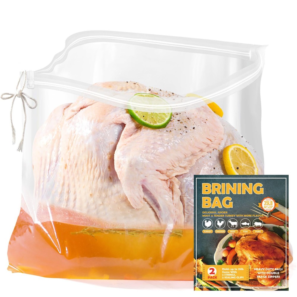 Premium Turkey Brine Bags 2 Pack XL 26 X 22 35Lbs Double Zip Strings & Clips
