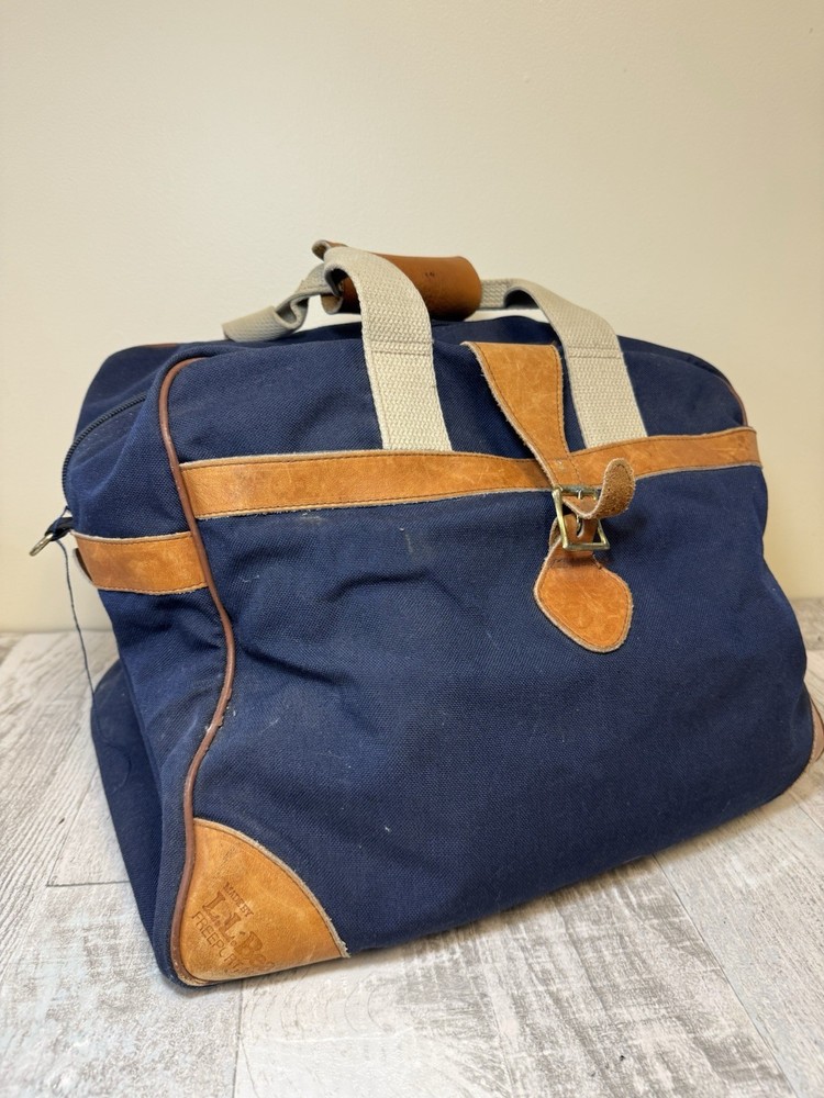 LL Bean Vintage Blue Canvas Weekender Tote with Leather Accents