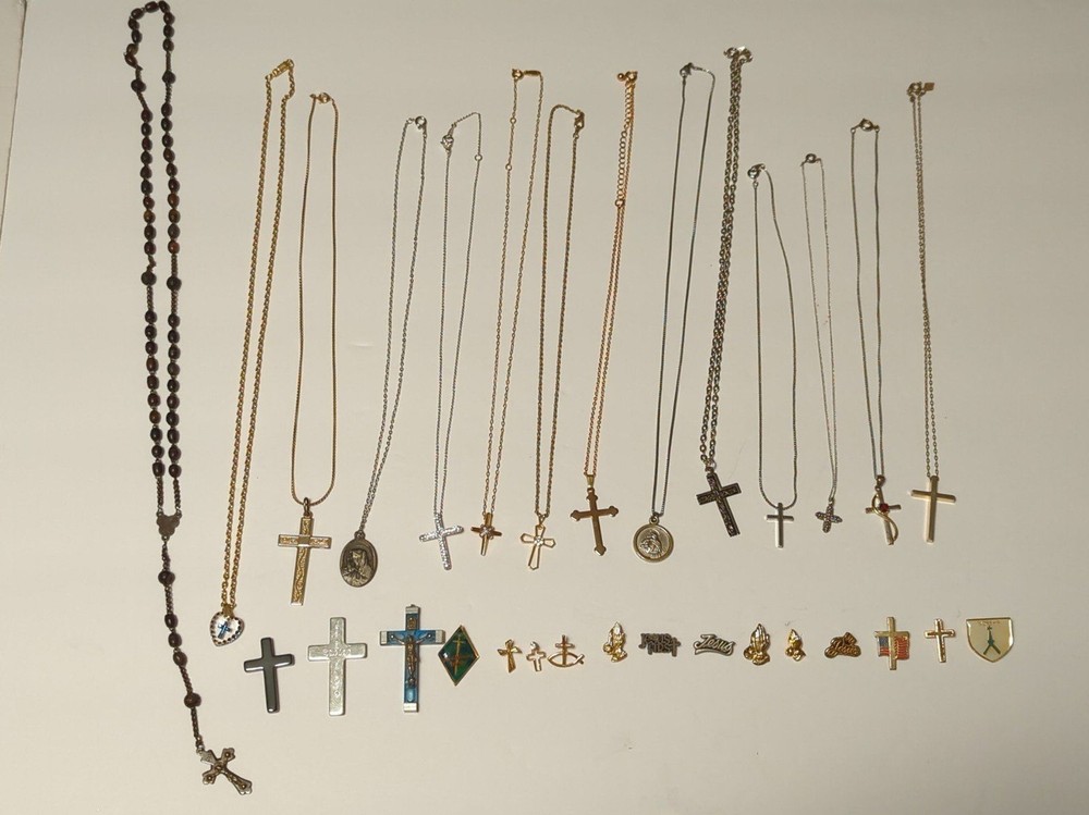 Religious Jewelry lot Cross Necklaces and pins some 925 Silver crosses Rosary