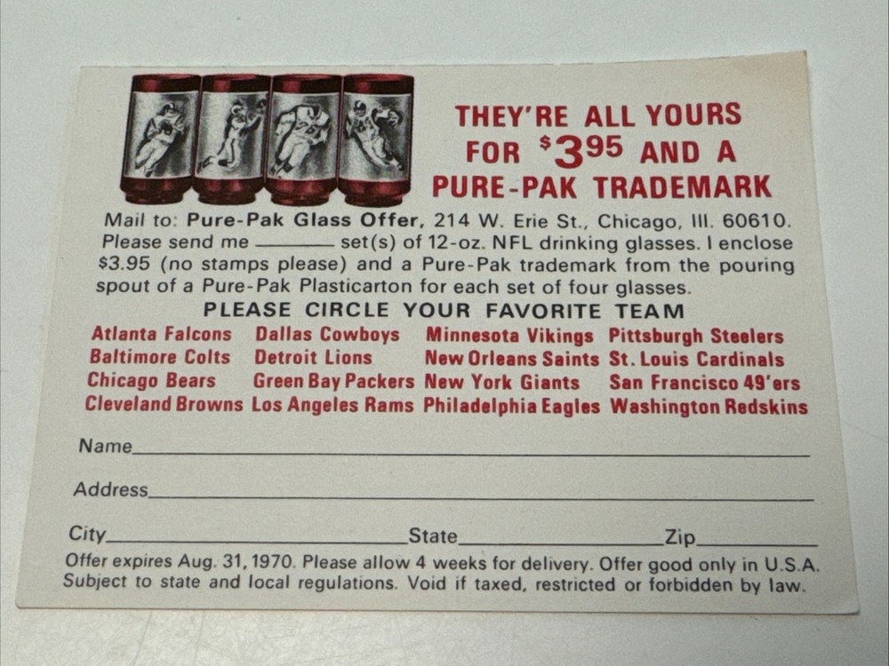 4 1970 NFL Team football glasses Pure-Pak MILK carton order forms
