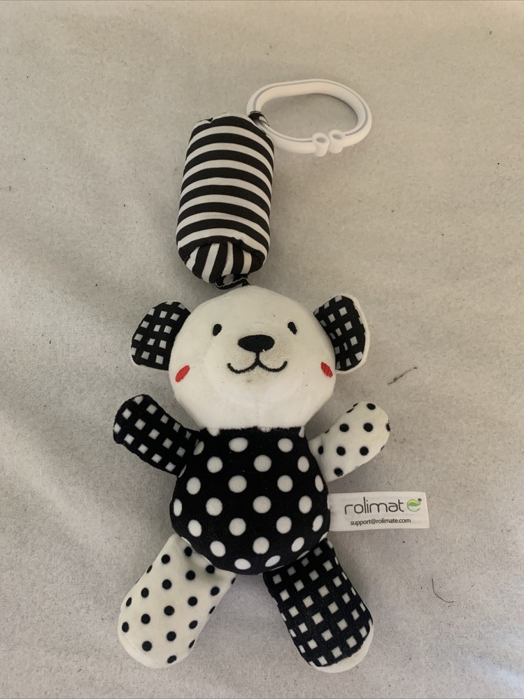 Rolimate Baby Toy Black White Plush Bear Crib Stroller Clip Chime Squeak Crinkle