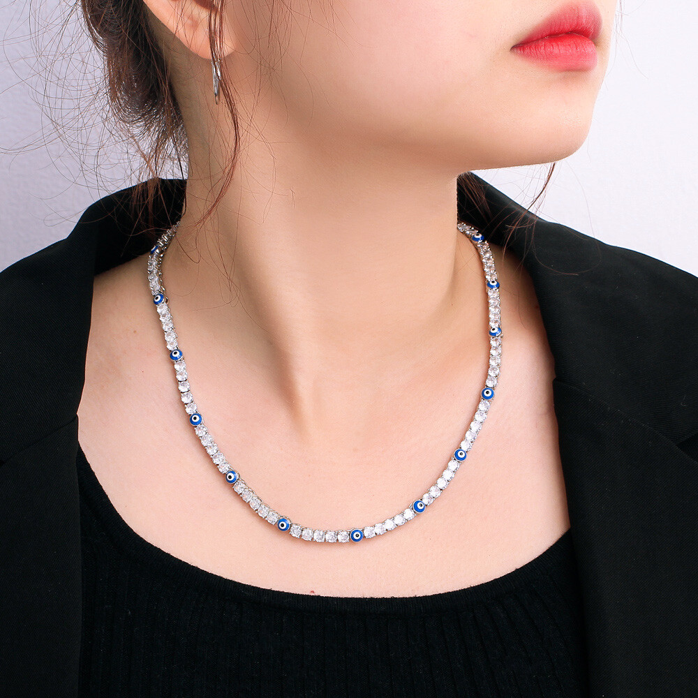 Elegant Blue CZ Round Eye Charm Silver Plated Tennis Necklace for Women