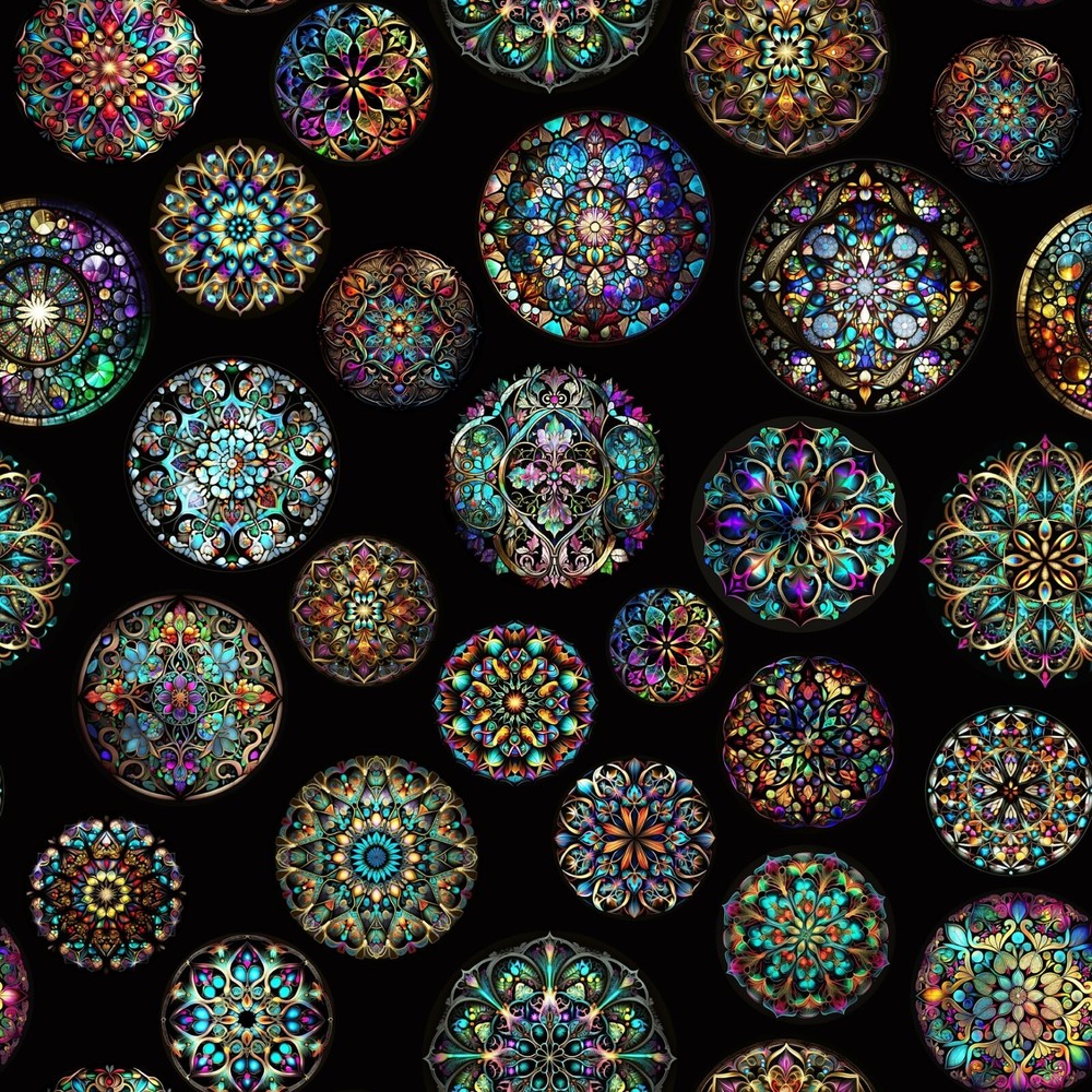 QT Fabrics Radiant Reflections 30396 J Black Stained Glass Medallions   Cotton