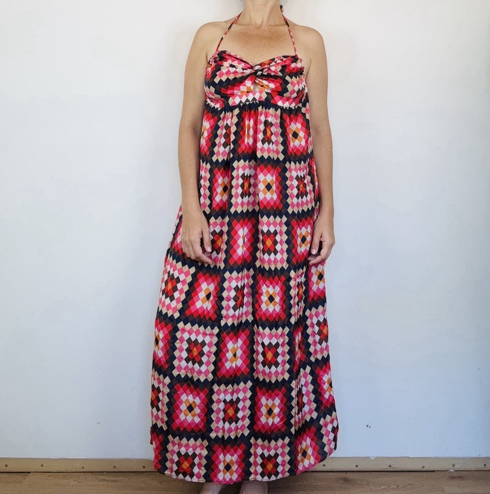 Zimmermann Dress Size 1 AU 10 Maxi 100% Silk Geometric Print Halter Pockets