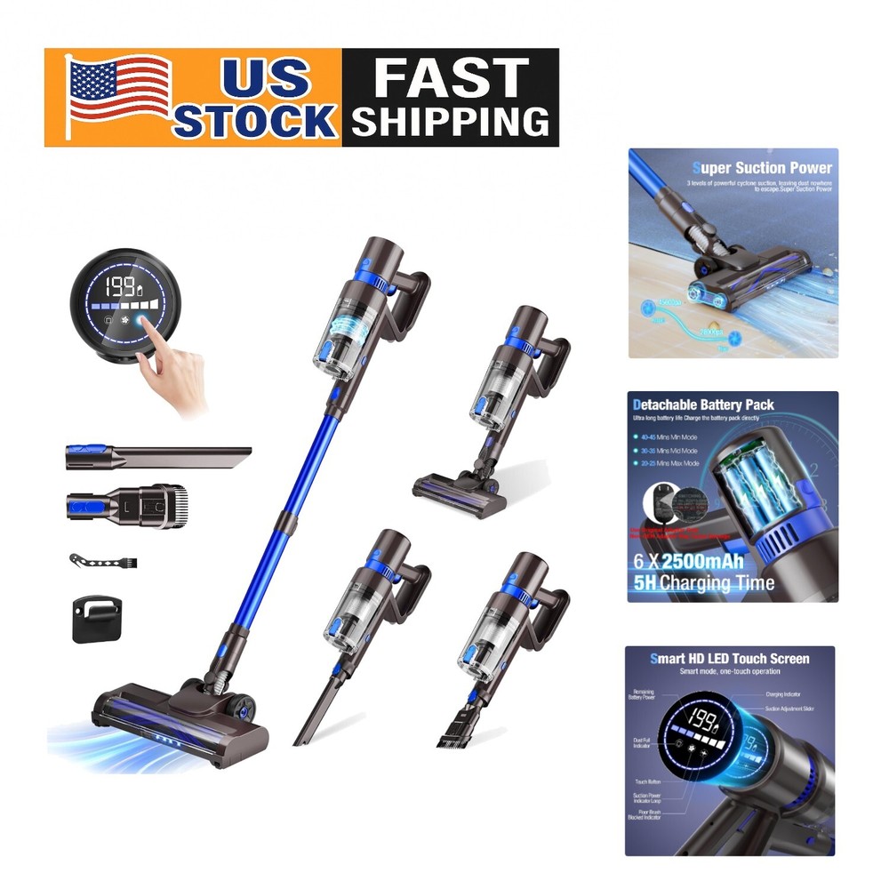 Cordless Vacuum Cleaner - 550W Hurricane Suction, LED Touchscreen & Lightweig...