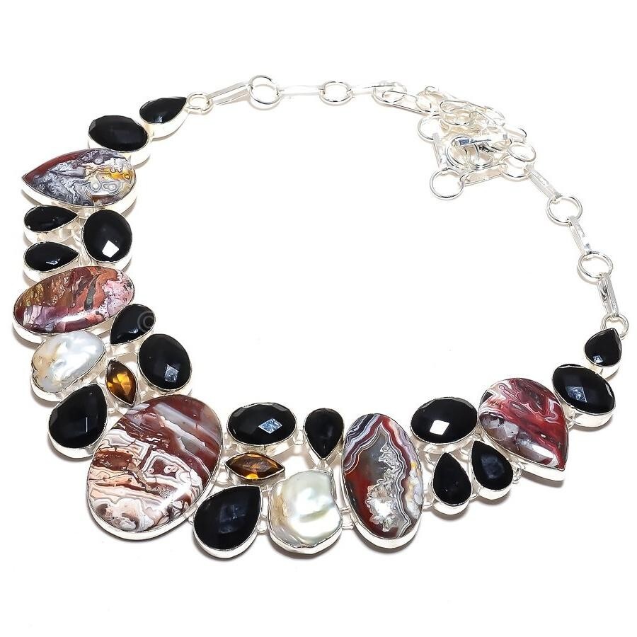 Cyber Monday Deal 925 Silver Laguna Lace Agate Stone Spinel Chain Boho Necklace-image