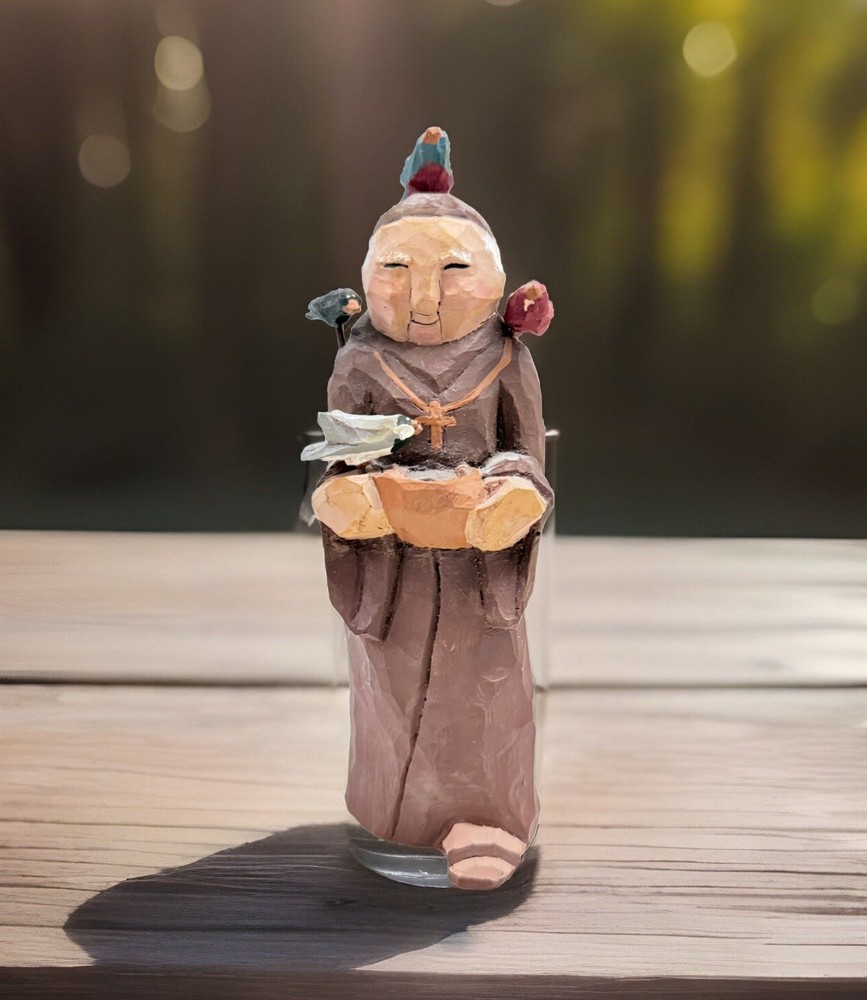 Vintage Wooden Monk/ Birds   Carved Figurine Signed & Date 1992