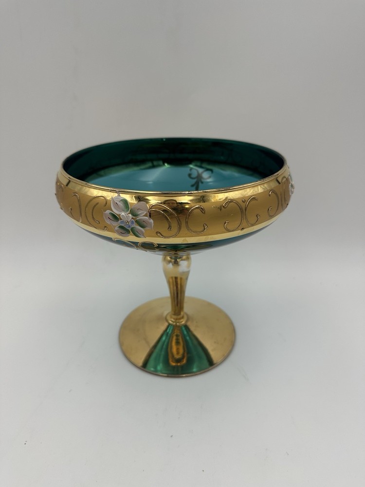 Vintage Teal Glass Pedestal Bowl with Gold Accents Hand-Painted in Italy  
