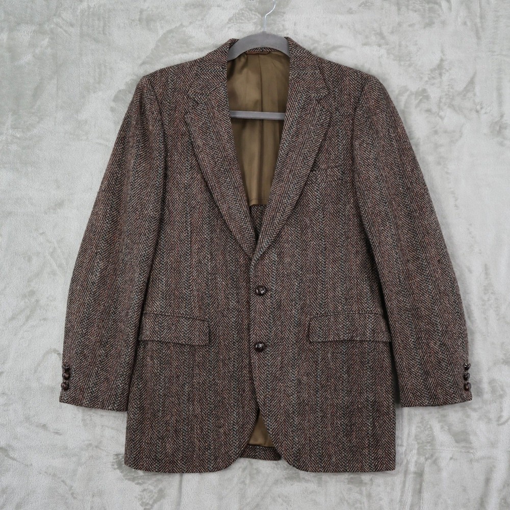 Stafford Harris Tweed Handwoven Scottish Wool Herringbone Sports Coat M Brown
