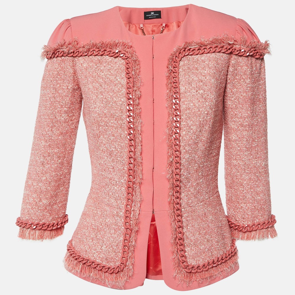 Elisabetta Franchi Pink Tweed and Crepe Chain Detail Jacket M