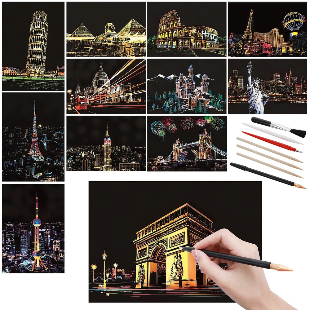 12 PCS Scratch Art Paper Rainbow Tools Kit World Famous City Landmarks A5