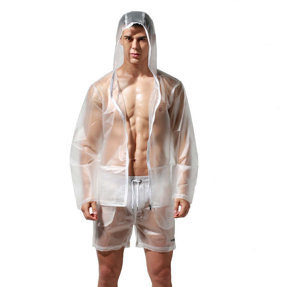 Men Transparent PU Raincoat and Shorts Set for Travel Fashion