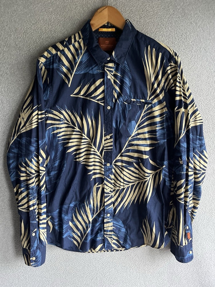 Scotch Soda Mens L Vacay Everyday Button Up Palm Tree Roll Tab Sleeve