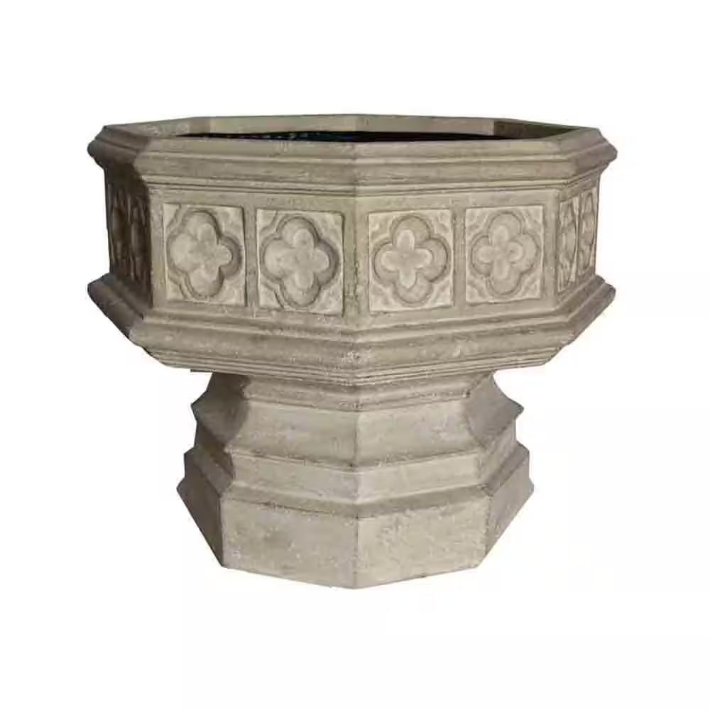 Limestone Hexagonal Gothic Urn 24x19.5 Inch Cast Stone