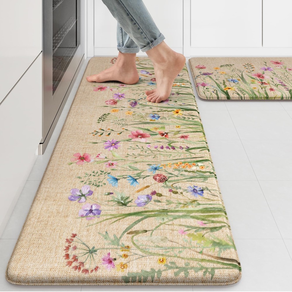 Anti Fatigue Kitchen Mat Set of 2 Floral Farmhouse Rugs 17x47 and 17x29