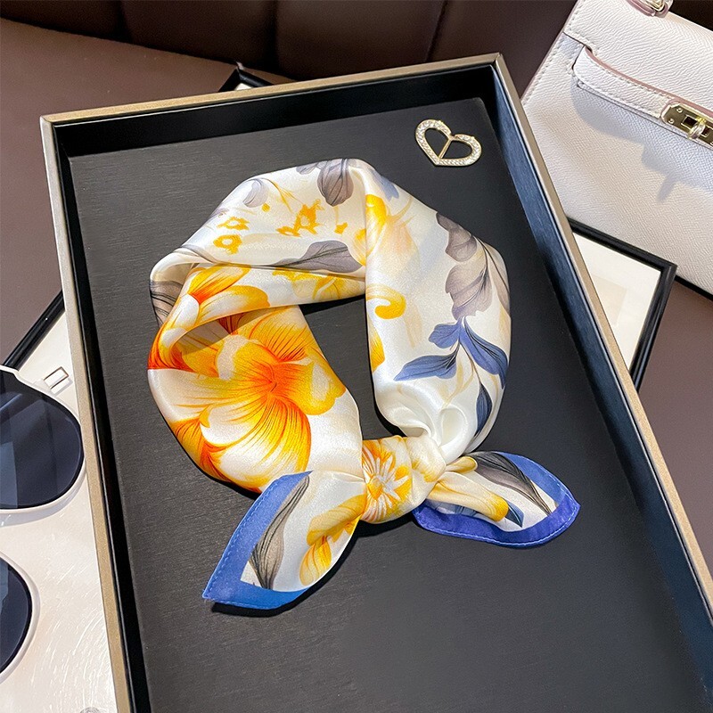 100% Silk Scarf White Yellow Floral Square Bandana Wrap 53x53cm for Women