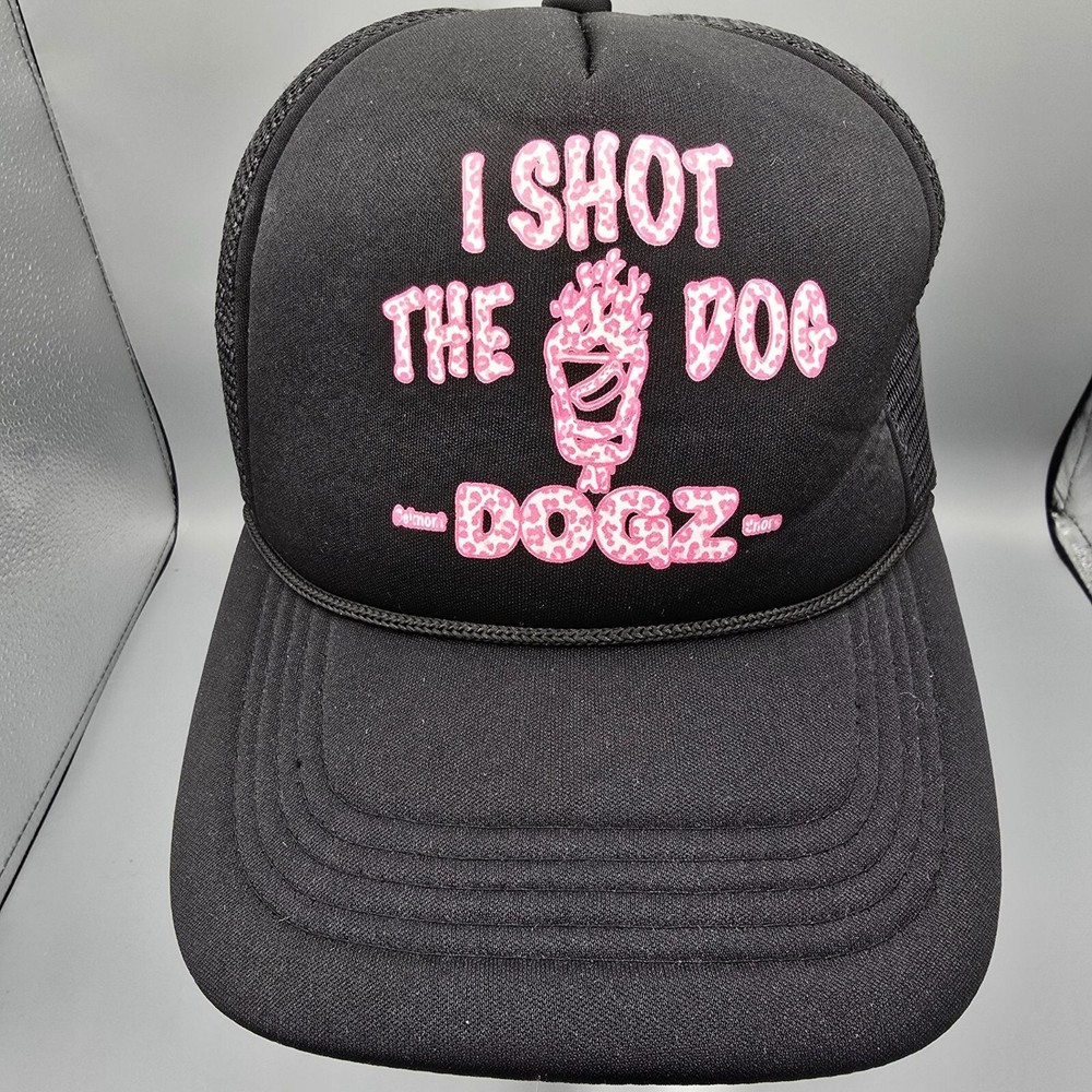 I Shot The Dog DOGZ Bar and Grill Pink Leopard Print Logo Black Trucker Hat