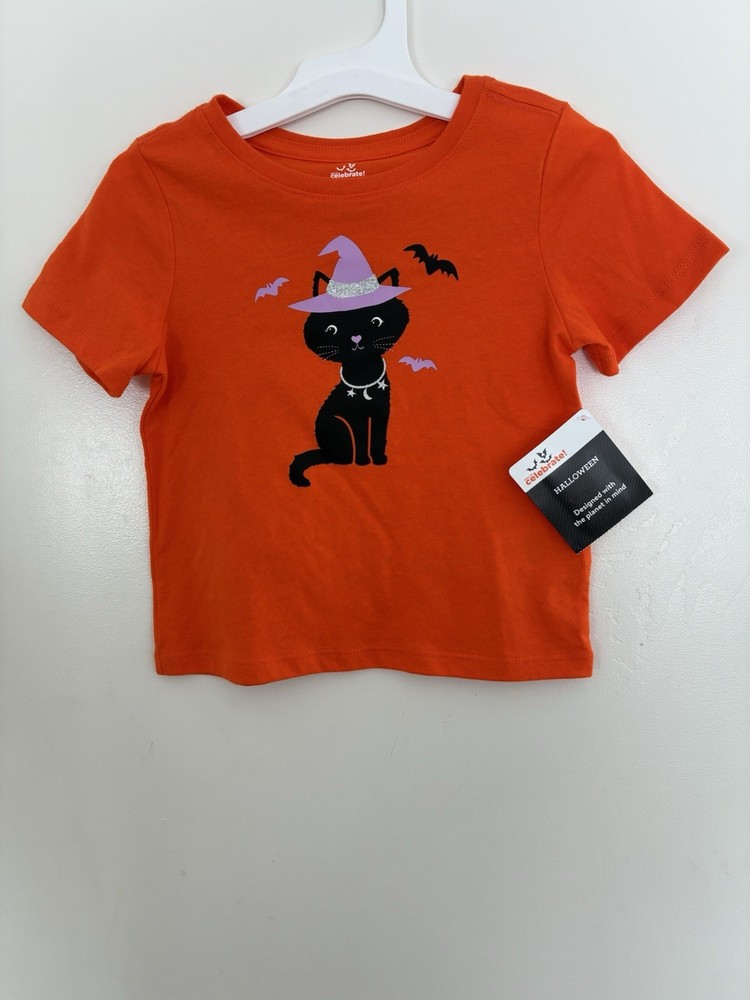 Celebrate! Halloween Toddler Girls Cute Black Cat Short Sleeve Shirt Orange 2T