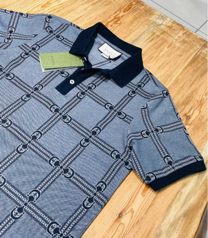 Gucci Men's Navy Blue Slim Fit Polo T-Shirt Short Sleeve 1/4 Button