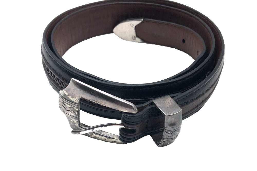 Vintage ONYX By Brighton Womens Leather Belt 36 Brown Silver Buckle 74807
