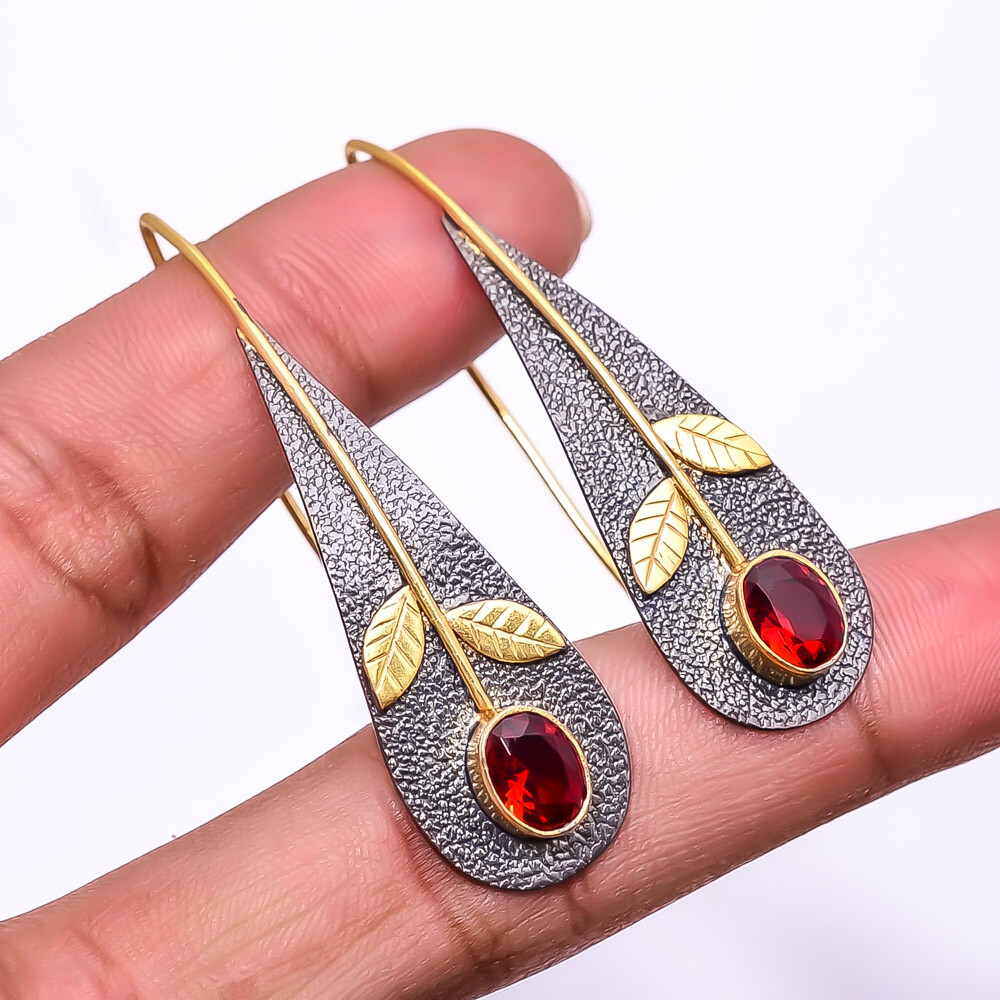 Red Garnet Gemstone 925 Silver Black & Gold Rhodium Plated Earring 2.15